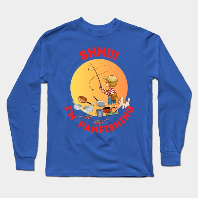 Shh.. I'm panfishing cottage core boy with dog fishing indoors Long Sleeve T-Shirt by Shean Fritts 